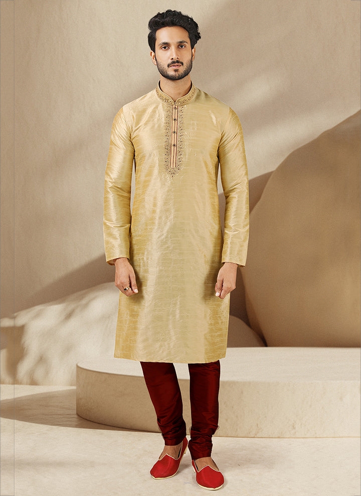 Gold Traditional Kurta Pajama | Banarasi Silk Mirror Work Ethnic Wear