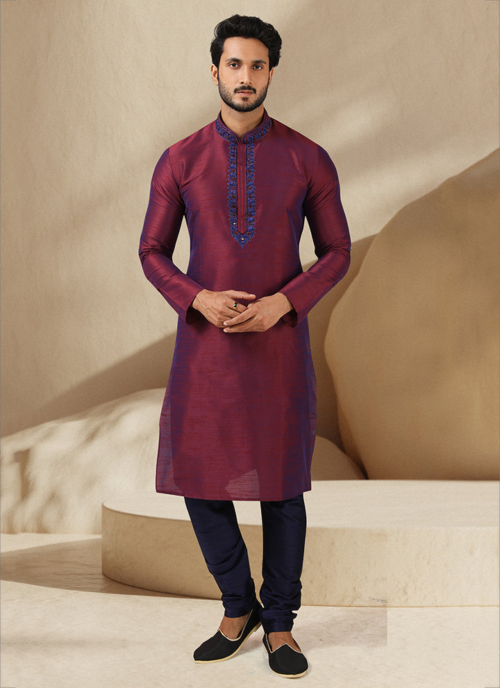 Wine Banarasi Art Silk Kurta Pajama | Mirror Work Traditional Wear