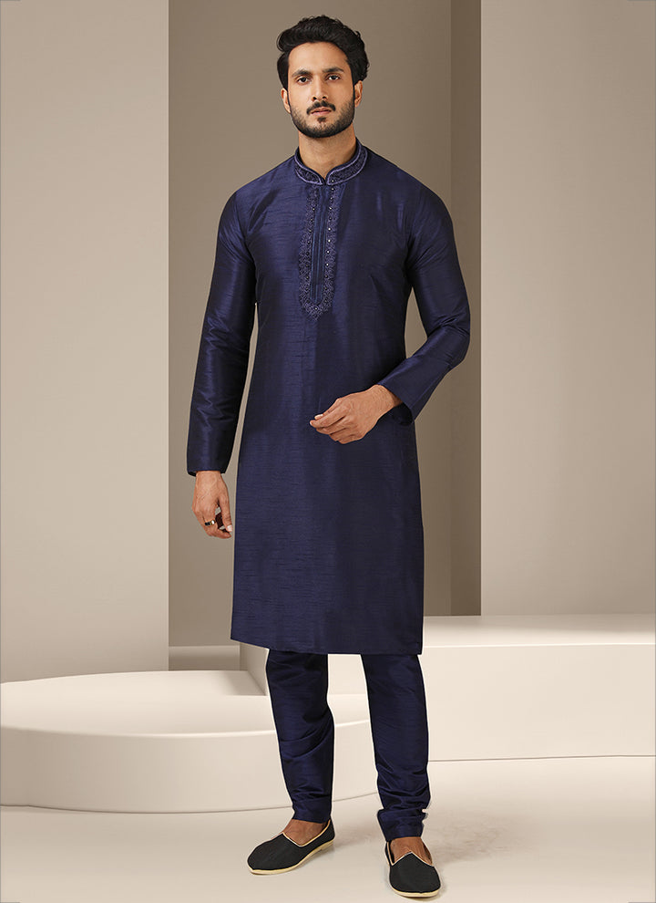 Navy Blue Banarasi Art Silk Kurta Pajama | Mirror Work Traditional Wear