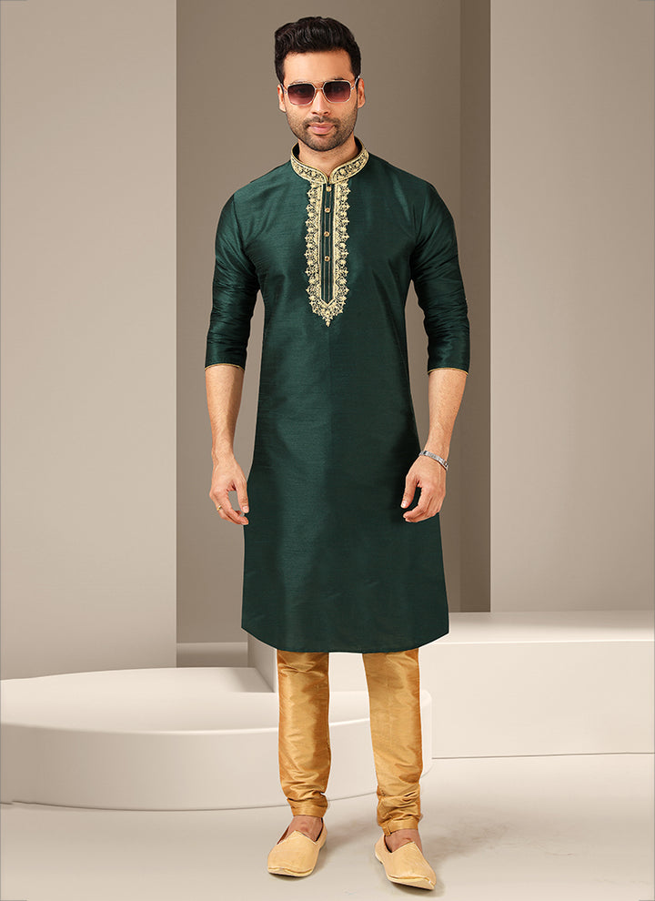 Dark Green Banarasi Kurta  Pajama | Art Silk Mirror Work Traditional Wear