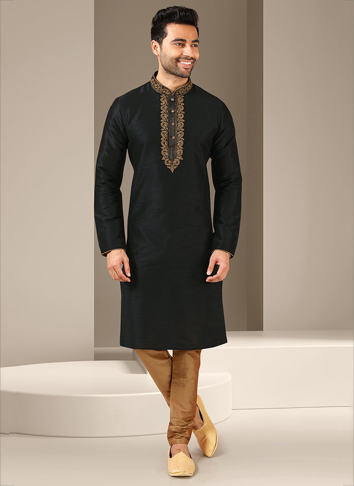 Black Banarasi Silk Kurta Pajama | Mirror Work Perfect for Weddings