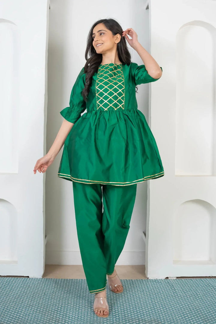 Refreshing Green and Golden Peplum Kurta with Pants For Women