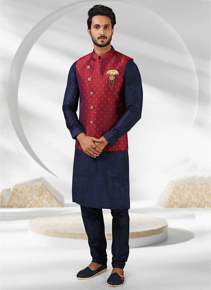 Navy Blue & Maroon Banarasi Silk Kurta Pajama with Jacket | Jacquard Design Party Wear