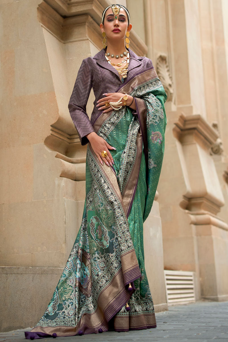 Elegant Teal Green Saree | Smooth Purple Silk Blouse & Intricate Foil Work