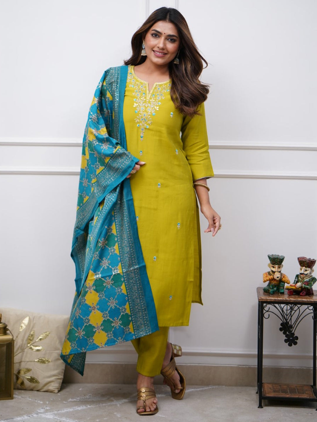 Trendy Lemon Viscose Chanderi Kurti Set | Viscose Chanderi Bottom and Dupatta