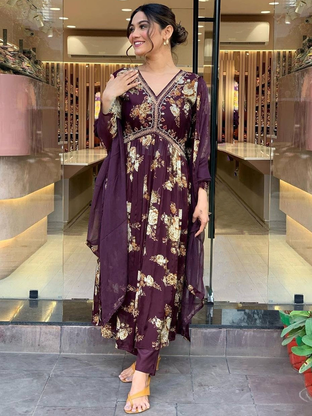 Burgundy Georgette Kurti Set | Chanderi Bottom & Dupatta for Festive Wear