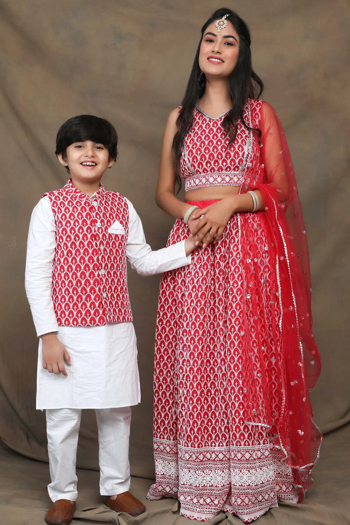 Fuchsia and White Threadwork: A Striking Pair for Mom and Son