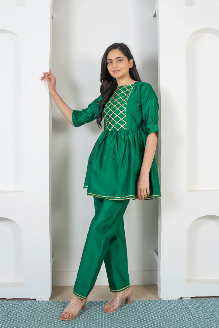 Refreshing Green and Golden Peplum Kurta with Pants For Women