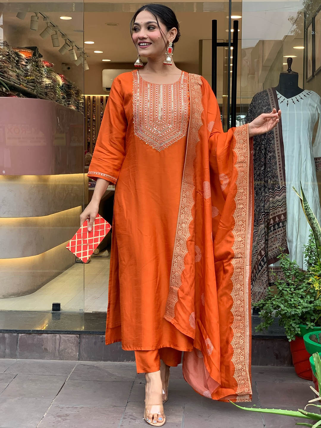 Traditional Orange Kurti Set | Jacquard Chanderi Silk with Embroidery