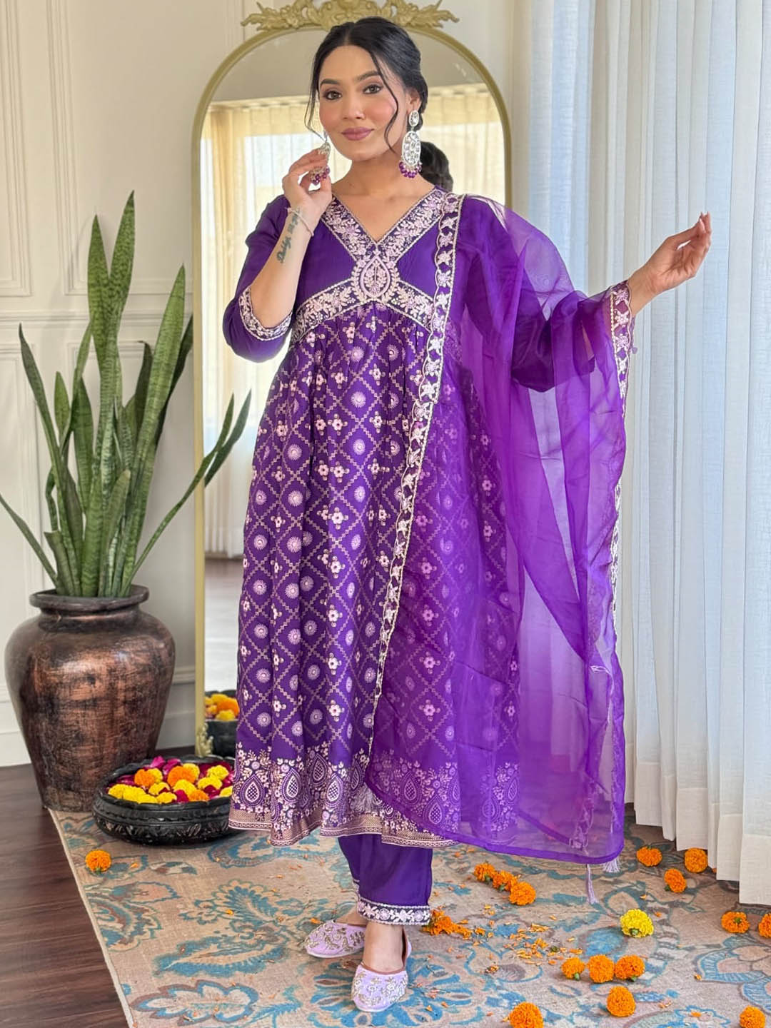 Beautiful Violet Chanderi Silk Kurti | Foil Print & Embroidery Lace