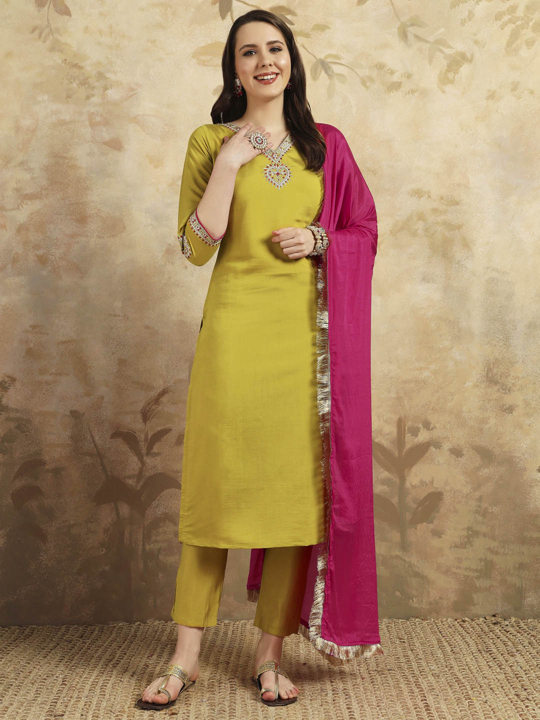 Elegant Mustard Chanderi Silk Kurti | Rani Pink Dupatta with Heavy Embroidery