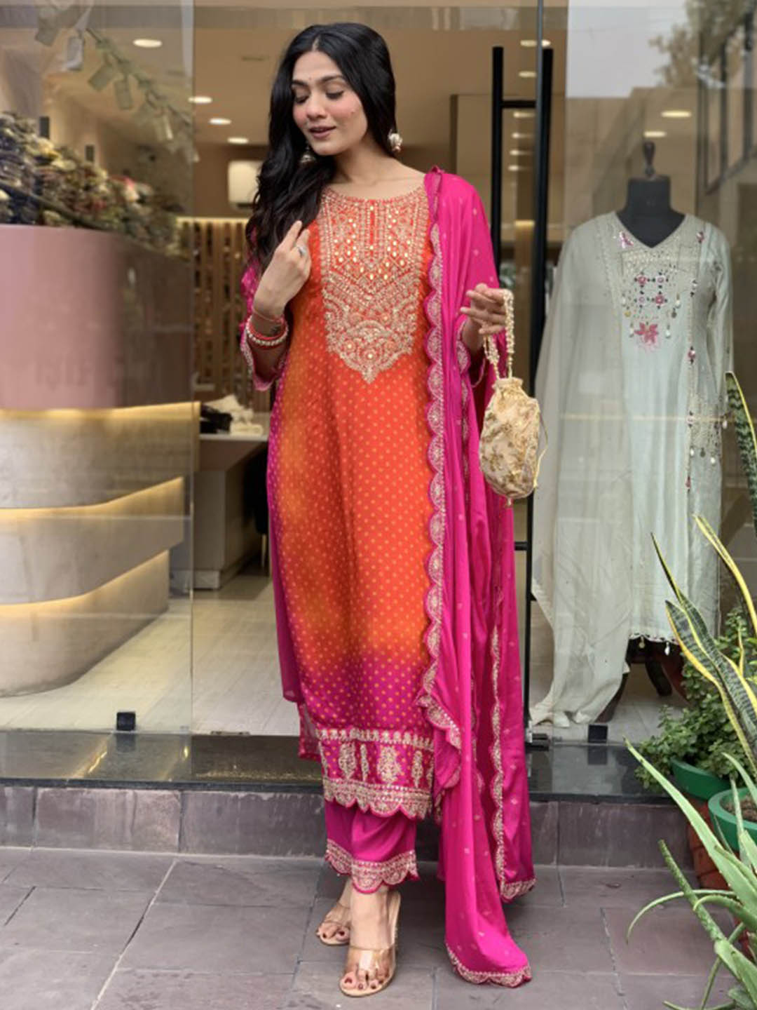 Elegant Pure Chinon Kurti Set | Rani Pink & Orange Embroidered