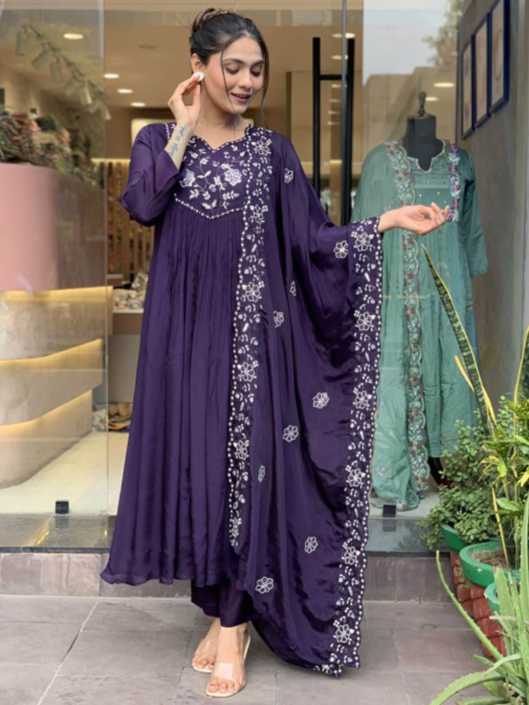 Designer Pure Chinon Kurti Set | Embroidered Purple Ethnic Wear