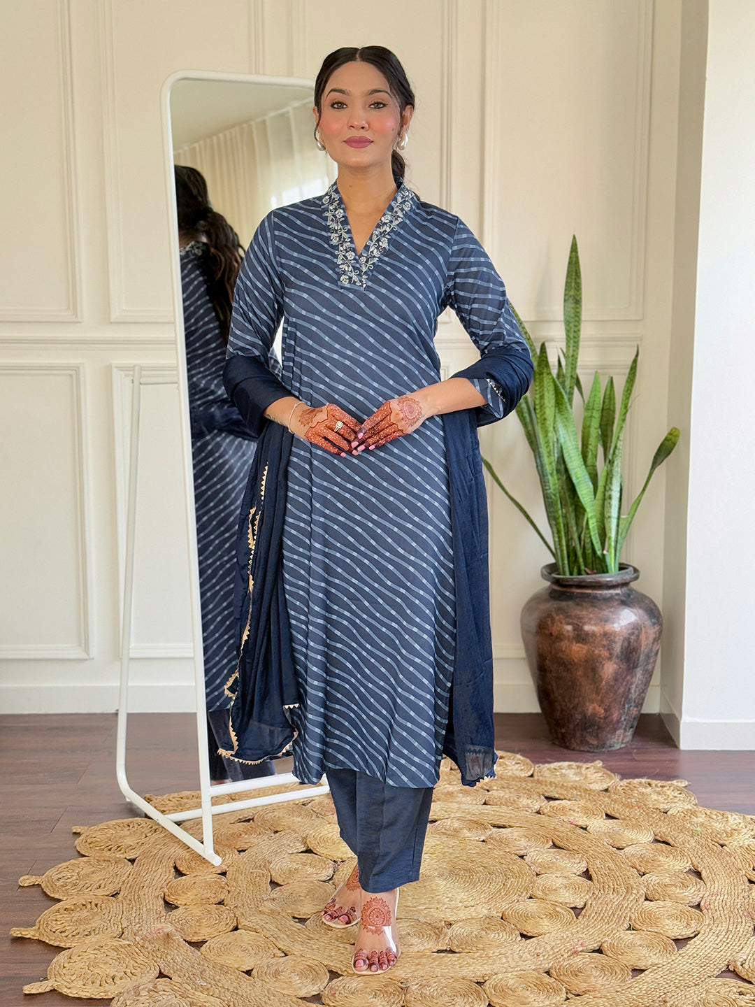 Muslin Kurti Set with Chinon Dupatta | Printed Design & Thread Embroidery