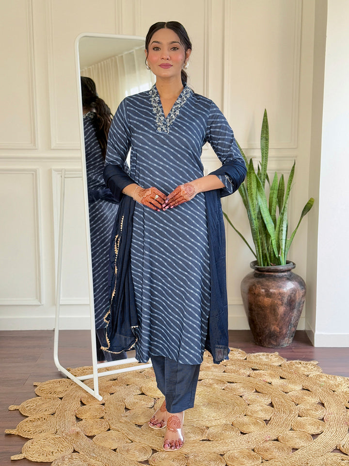 Muslin Kurti Set with Chinon Dupatta | Printed Design & Thread Embroidery