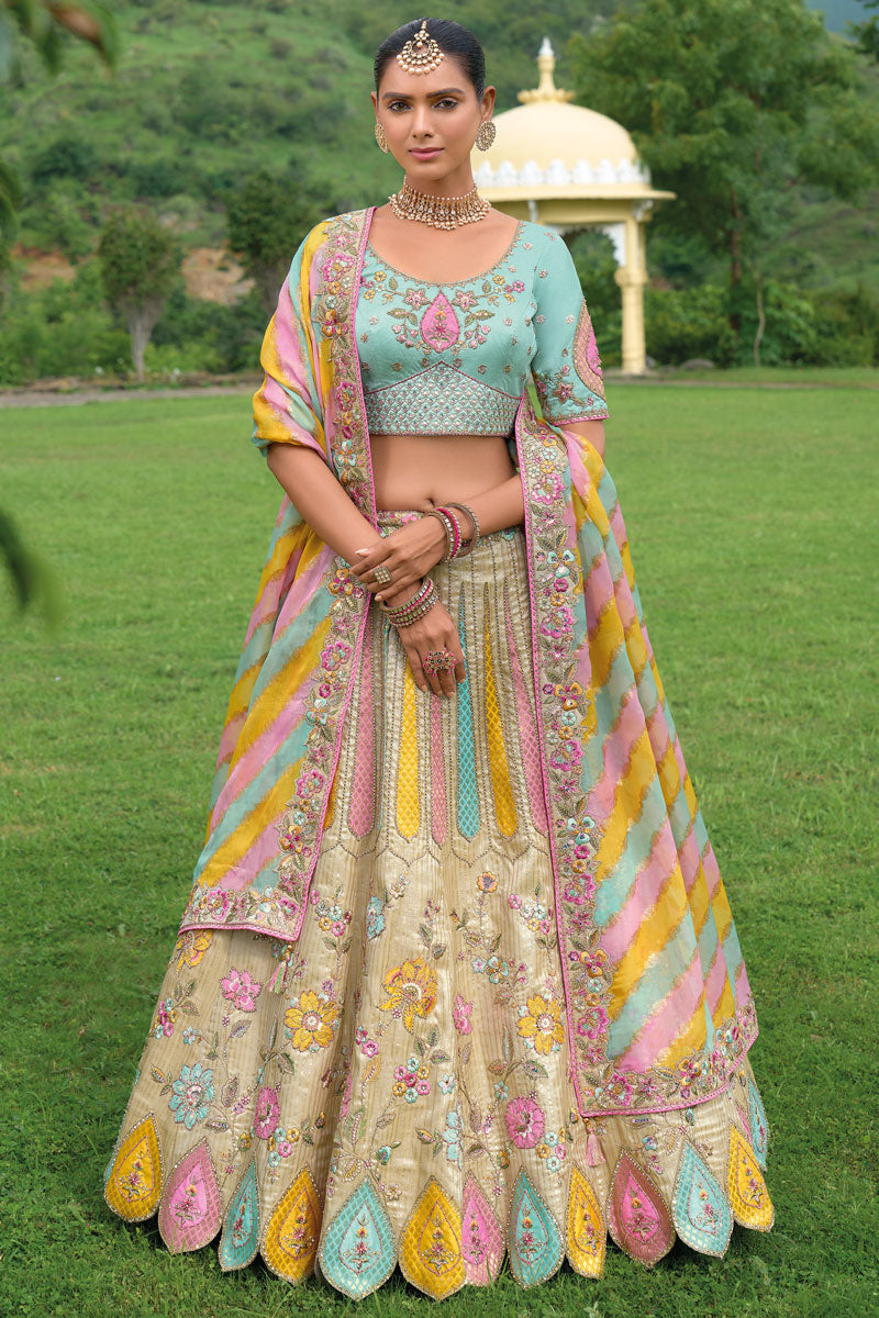 Beige Silk Lehenga Choli | Khatli Embroidery & Sequins Work