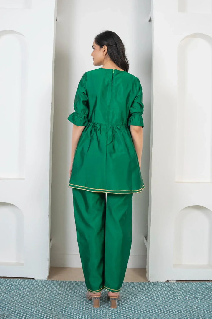 Refreshing Green and Golden Peplum Kurta with Pants For Women