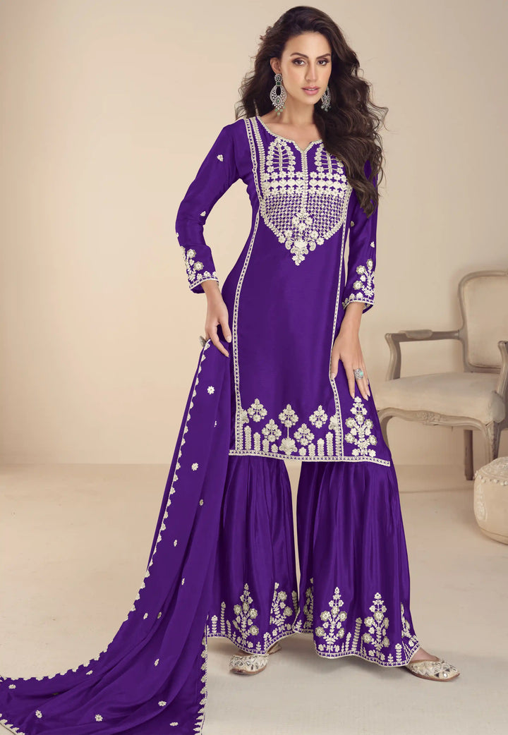 Designer Chinon Silk Gharara Set Embroidered with Moti Work for Party Wear