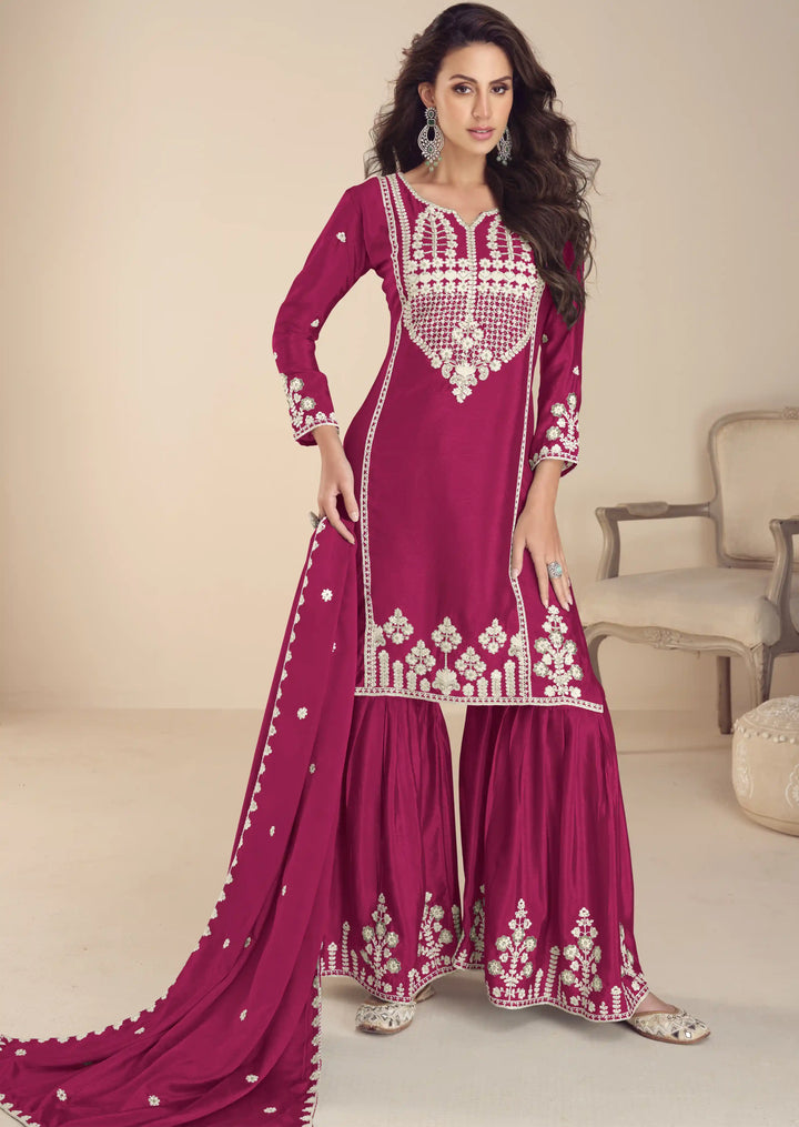 Designer Chinon Silk Gharara Set Embroidered with Moti Work for Party Wear