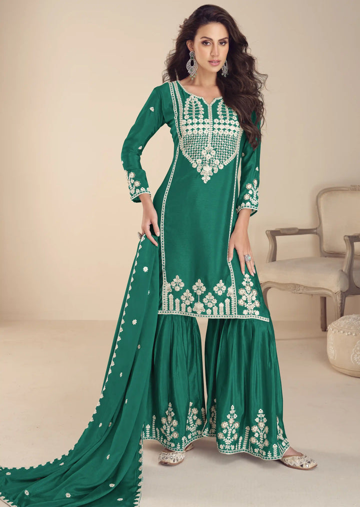 Designer Chinon Silk Gharara Set Embroidered with Moti Work for Party Wear
