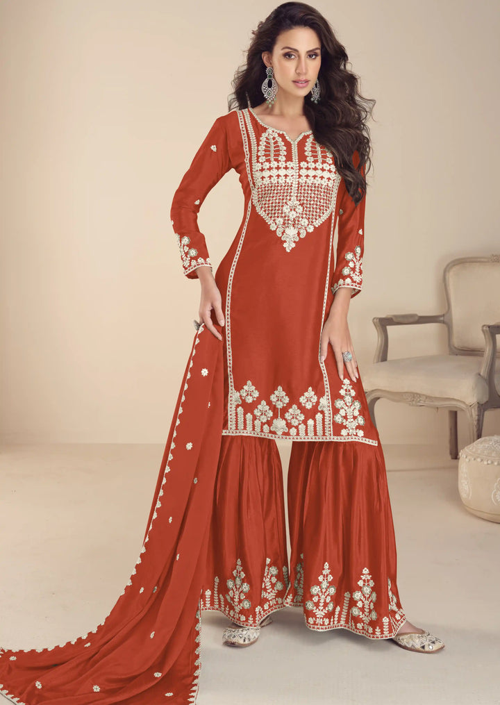Designer Chinon Silk Gharara Set Embroidered with Moti Work for Party Wear