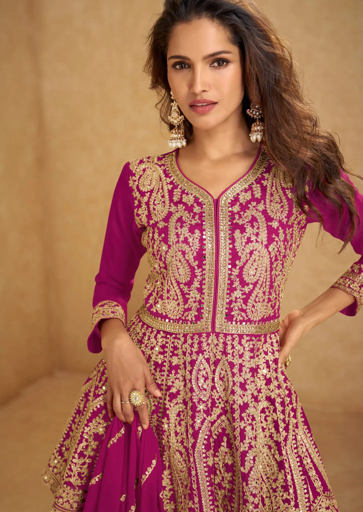 Designer Chinon Lehenga Style Suit Set Mirror & Hand Work Dupatta