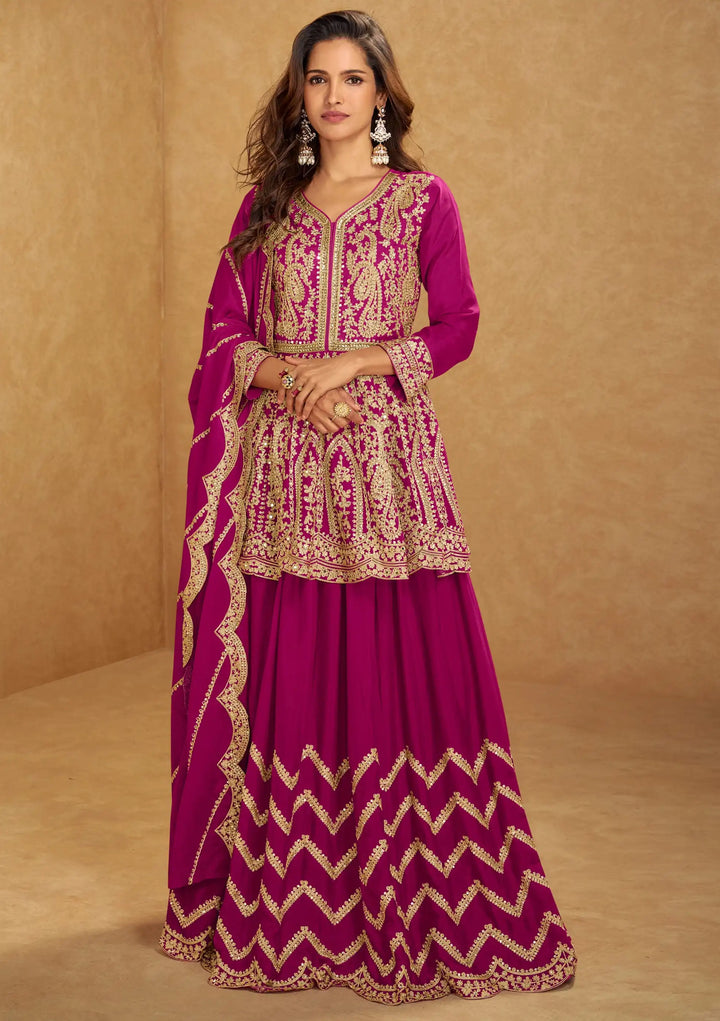 Designer Chinon Lehenga Style Suit Set Mirror & Hand Work Dupatta
