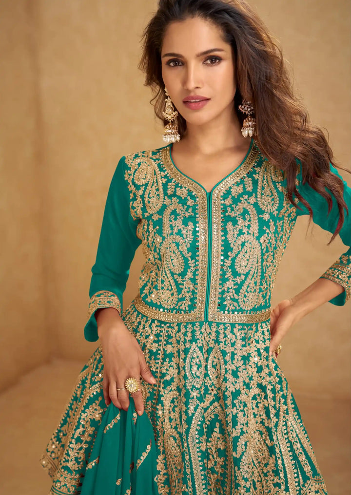 Designer Chinon Lehenga Style Suit Set Mirror & Hand Work Dupatta