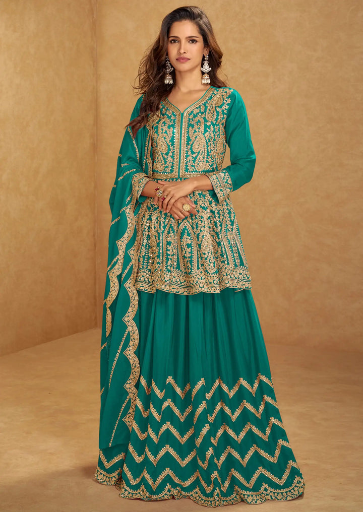 Designer Chinon Lehenga Style Suit Set Mirror & Hand Work Dupatta
