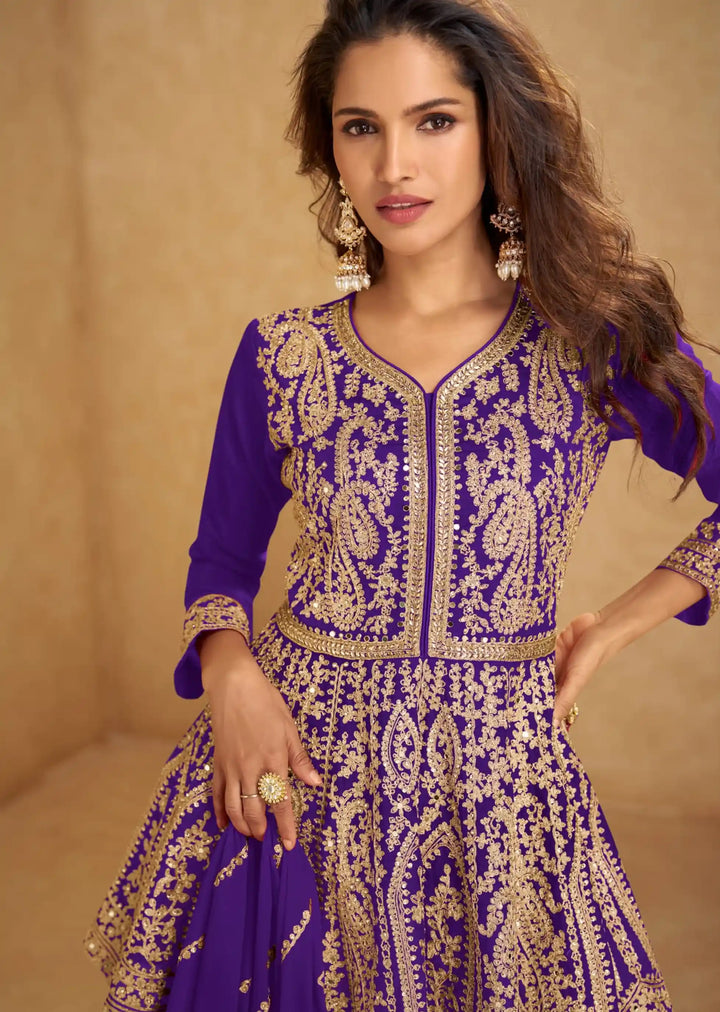 Designer Chinon Lehenga Style Suit Set Mirror & Hand Work Dupatta