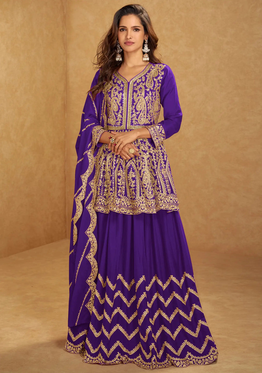 Designer Chinon Lehenga Style Suit Set Mirror & Hand Work Dupatta