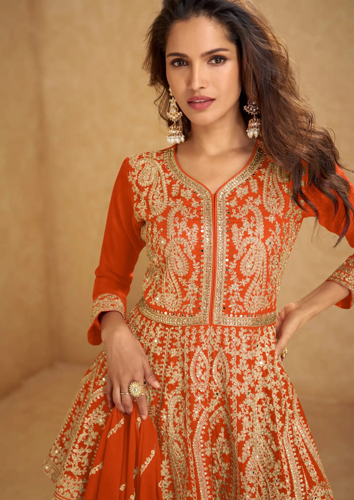 Designer Chinon Lehenga Style Suit Set Mirror & Hand Work Dupatta
