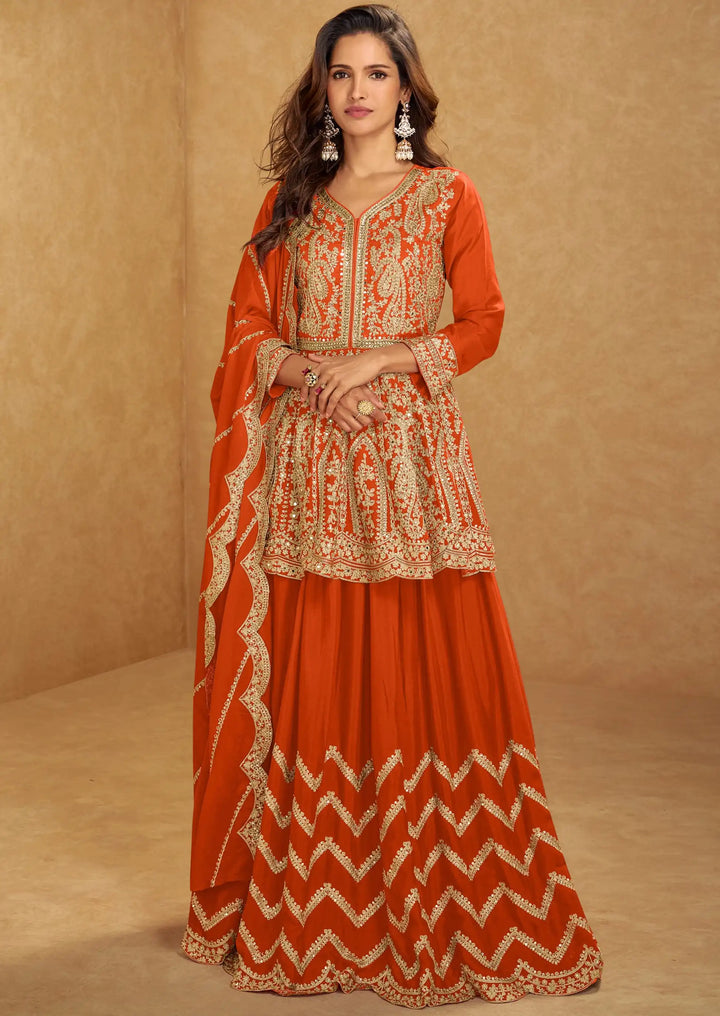 Designer Chinon Lehenga Style Suit Set Mirror & Hand Work Dupatta