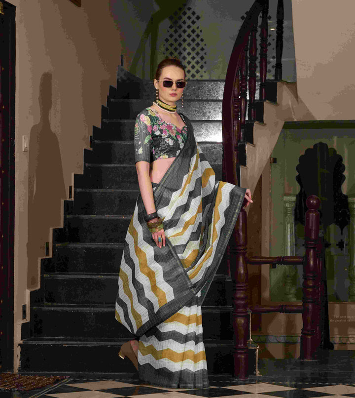 Breathable Linen Cotton Saree with Lining Work Design