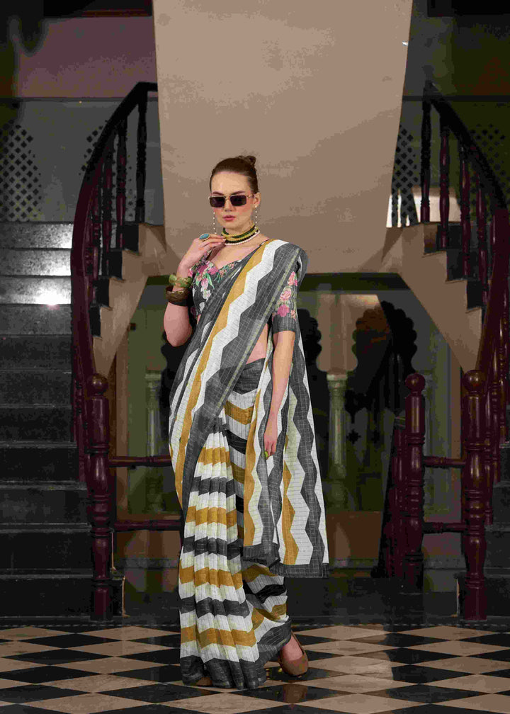 Breathable Linen Cotton Saree with Lining Work Design