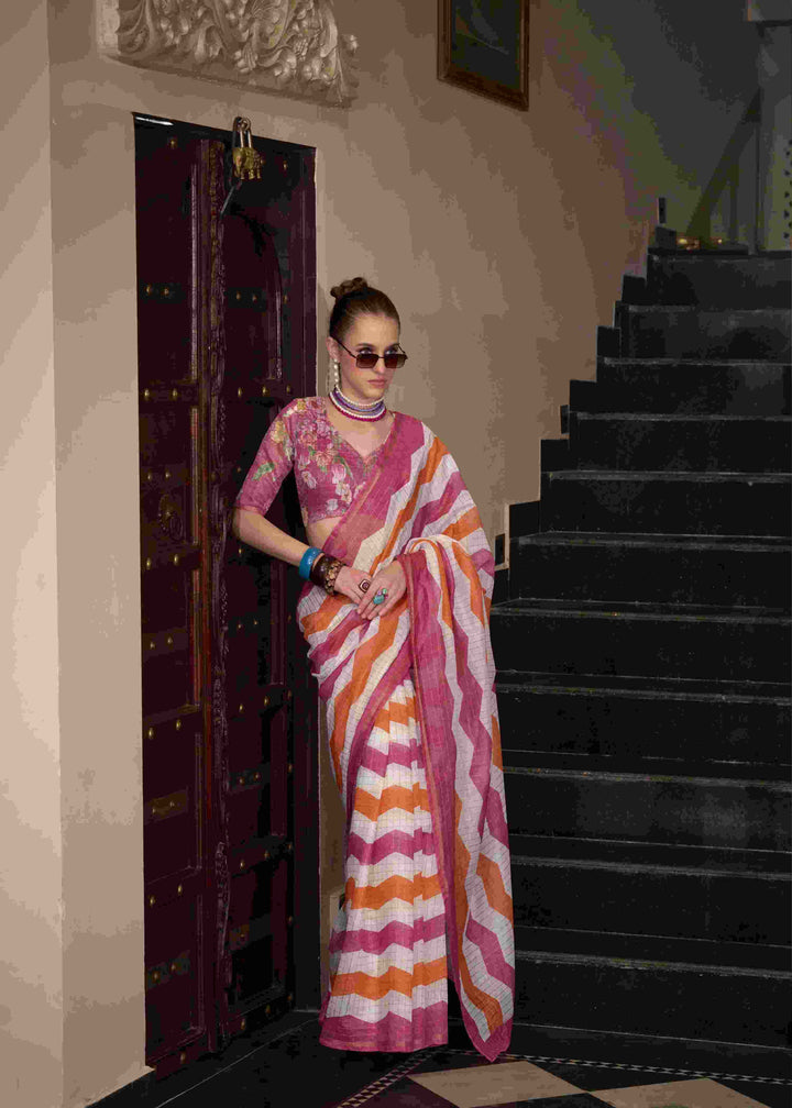 Breathable Linen Cotton Saree with Lining Work Design