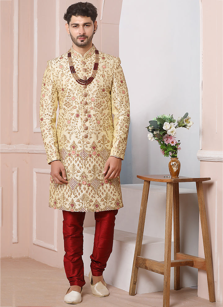 Pale Gold Banarasi Silk Sherwani | Embroidered Wedding Sherwani for Men