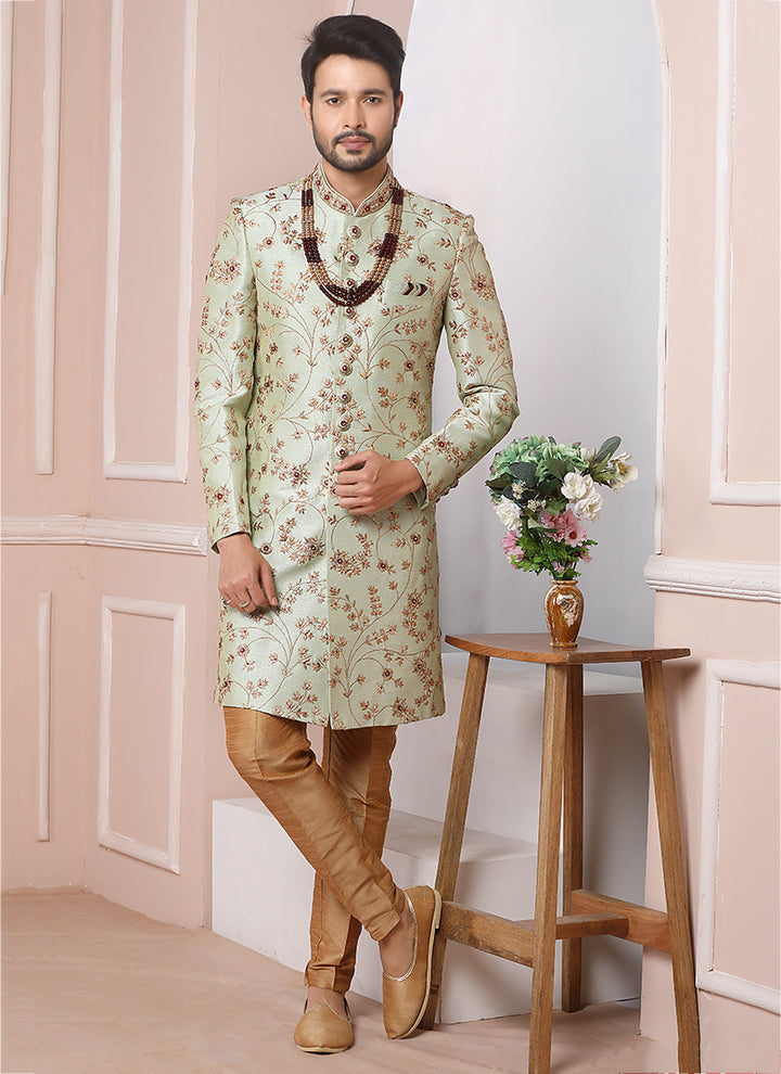 Traditional Pista Green Sherwani | Banarasi Silk with Exquisite Embroidery