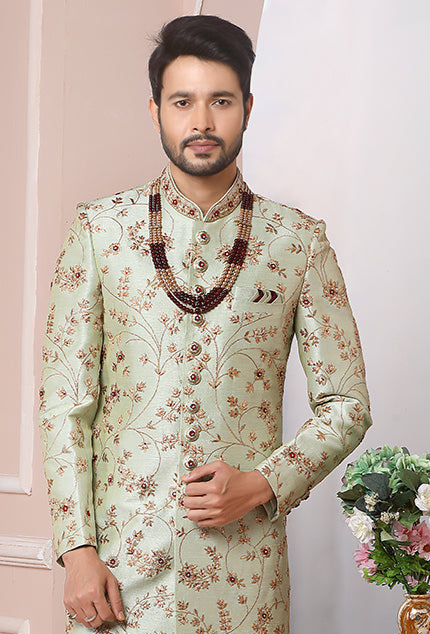 Traditional Pista Green Sherwani | Banarasi Silk with Exquisite Embroidery