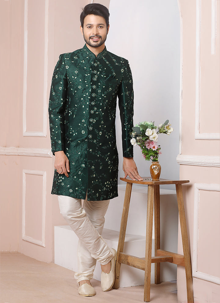 Green Banarasi Silk Sherwani | Perfect Ethnic Wear for Grooms & Weddings