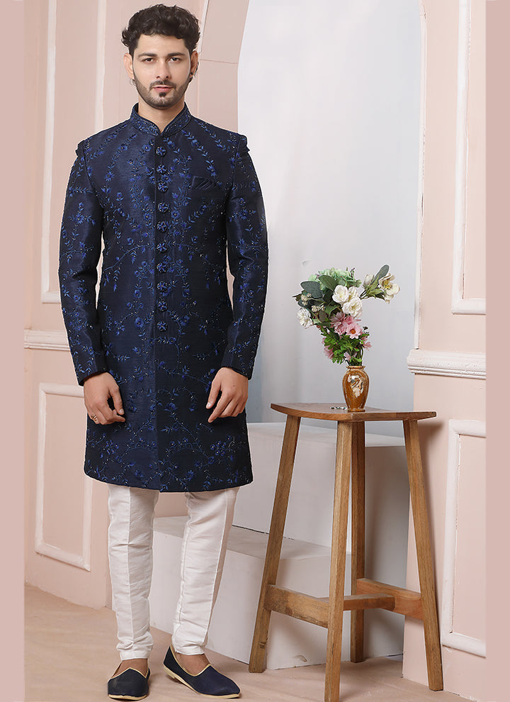 Luxurious Blue Sherwani | Banarasi Silk & Embroidery for Wedding & Party