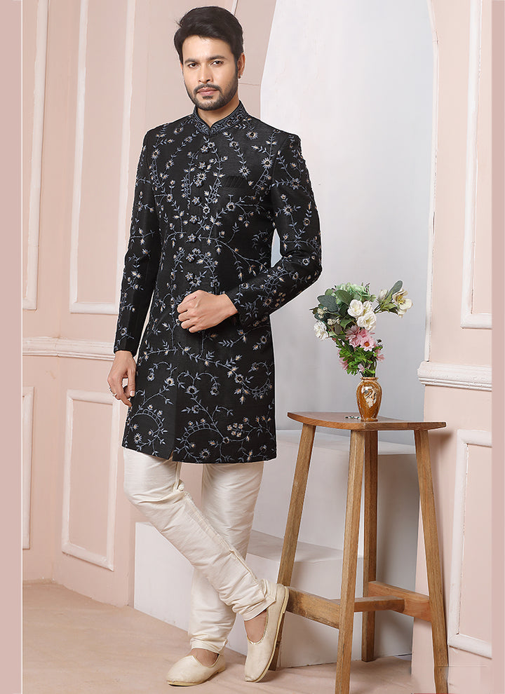 Black Banarasi Silk Sherwani | Designer Embroidery Work for Wedding