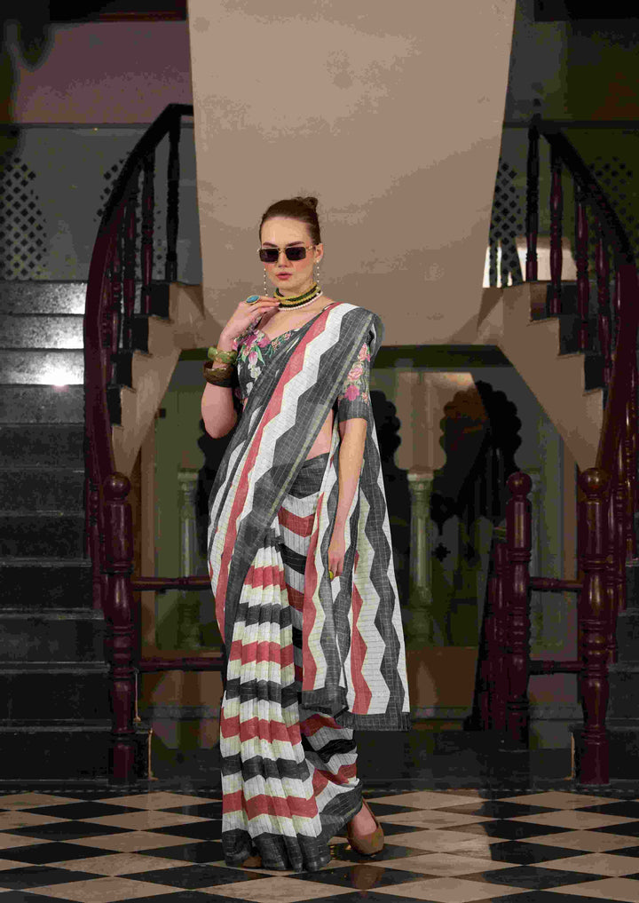 Breathable Linen Cotton Saree with Lining Work Design