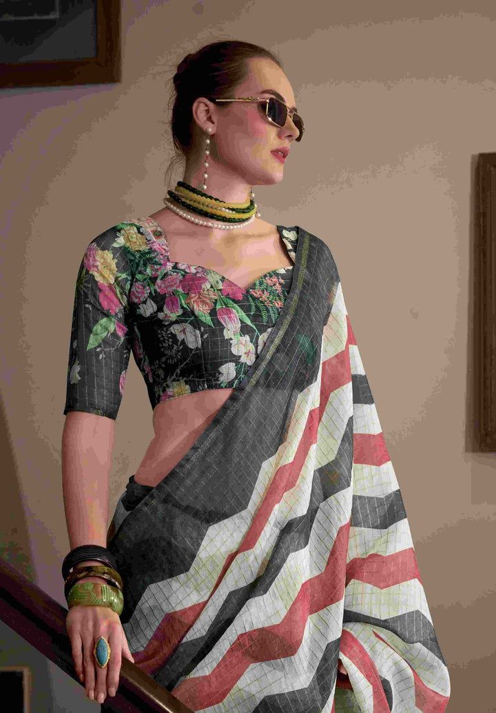 Breathable Linen Cotton Saree with Lining Work Design