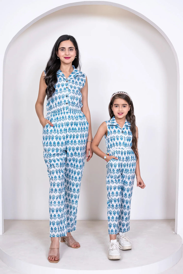 Stylish Matching Summer Wear: White and Teal Printed Cotton Jumpsuit for Mom and Daughter