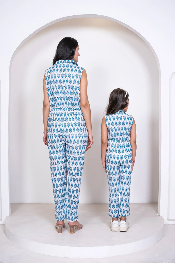 Stylish Matching Summer Wear: White and Teal Printed Cotton Jumpsuit for Mom and Daughter