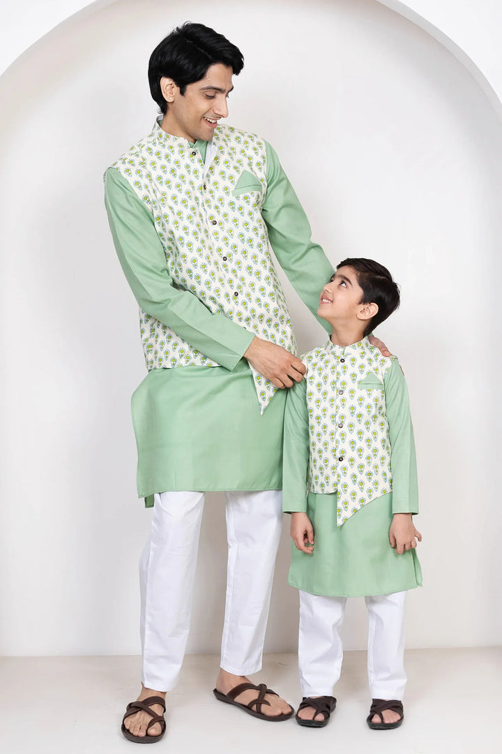 Sea Green Floral Printed Cotton Father and Son Twin Set