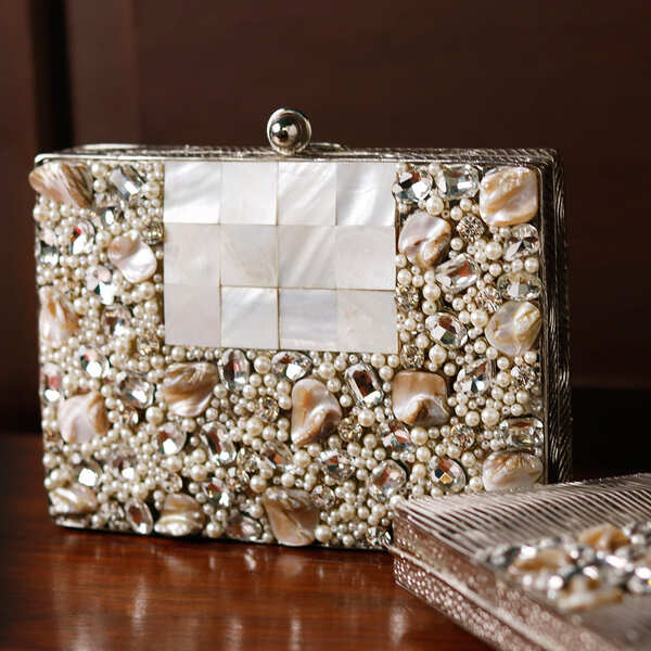 Zoya Embellished Brass Clutch | Elegant Mother of Pearl Design