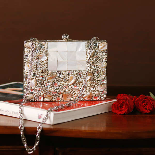 Zoya Embellished Brass Clutch | Elegant Mother of Pearl Design