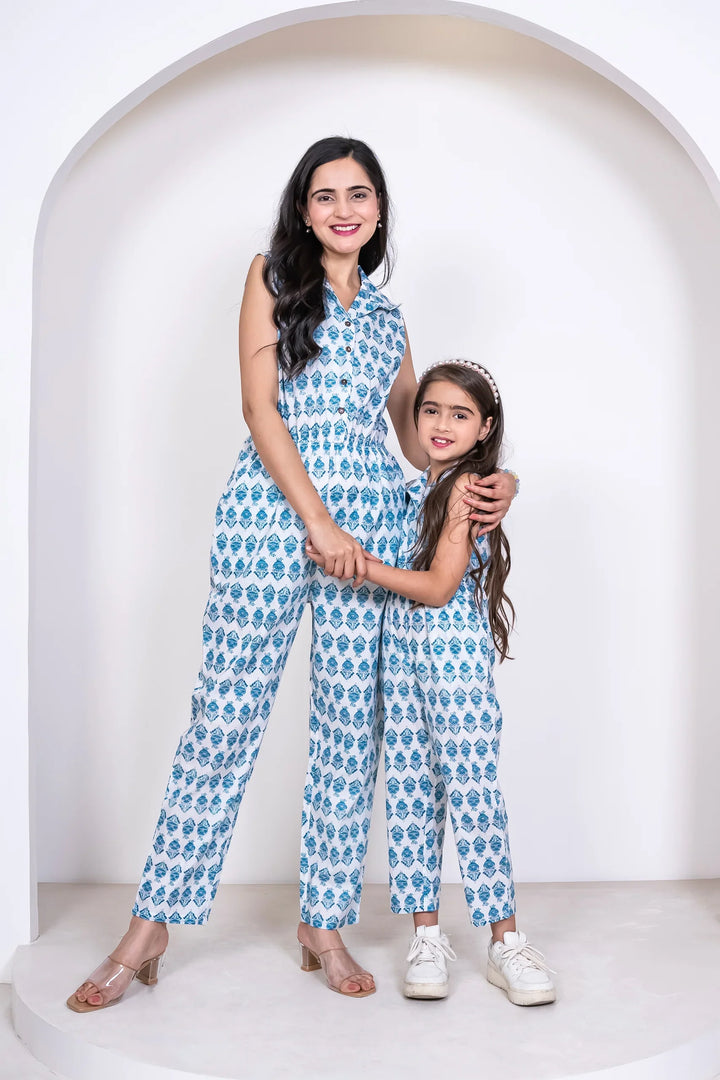 Stylish Matching Summer Wear: White and Teal Printed Cotton Jumpsuit for Mom and Daughter